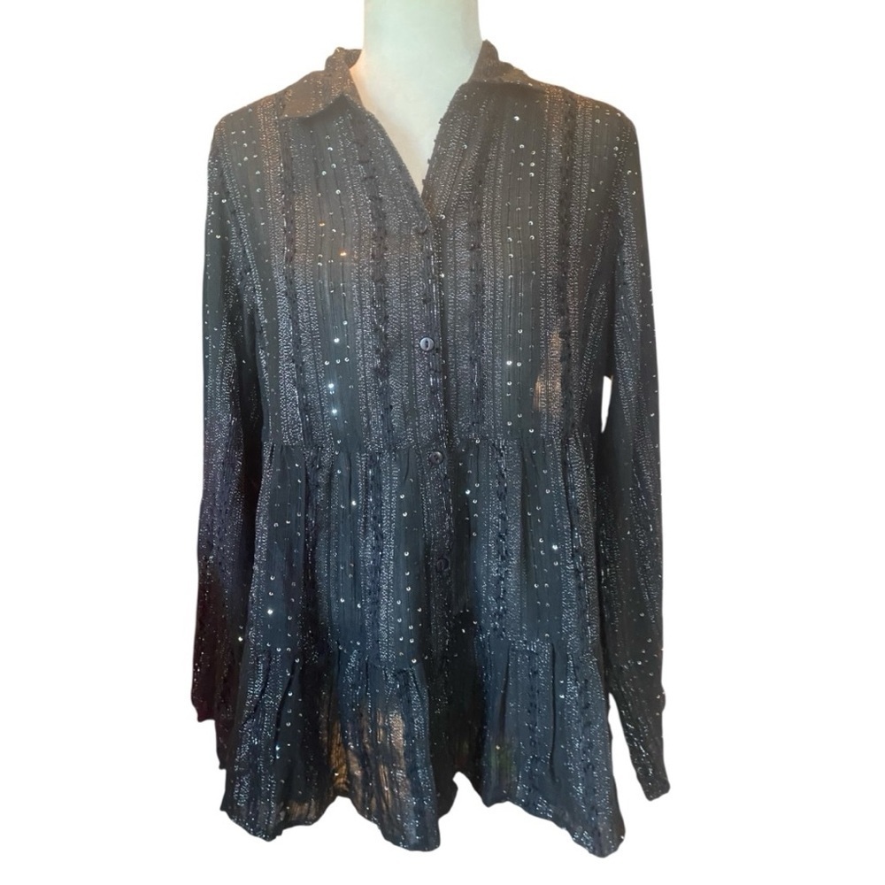 Linda Anderson Womens Black Flowy Sequin Button Down Shirt